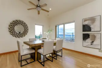 Dining area with large view windows with blinds
