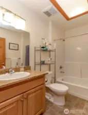 Main floor bathroom with wide door, skylight and bathtub