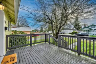 Room to enjoy a cup of coffee on the front deck with a mountain view in the distance