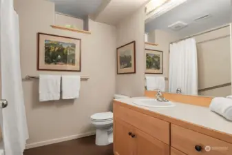 The lower level bathroom is also a full bathroom.  Each bedroom has its own bathroom!
