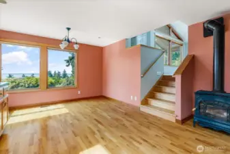 Kitchen views with a natual gas free standing fireplace
