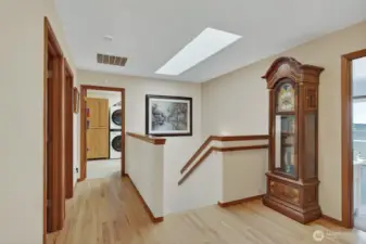 Hall way looking down the stairs with a skylight.
