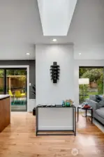 The skylight above filters light even on darker days.