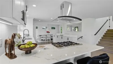 Generous peninsula island with eating bar.