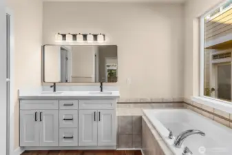 New vanity, quartz countertops, faucets, lighting and mirror. Oversized walk in closet to the left of vanity.