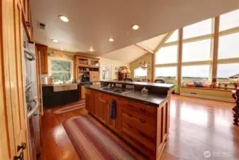 Propane Jenn-air cooktop. KitchenAid oven, electric combo convection oven and convection microwave. Stainless steel farm sink. Jenn-air refrigerator with cabinet panels and KitchenAid stainless steel interior dishwasher with cabinet panels. Display cabinets have lighting.