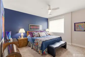 The primary full suite with new carpet and paint. Dark out shades for naps or sleeping in...