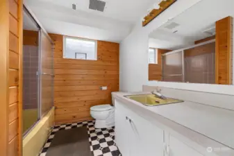 The full bath on the lower level has a lot of warm wood walls and a large vanity.