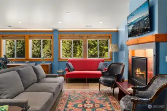 ADU living space with fireplace.