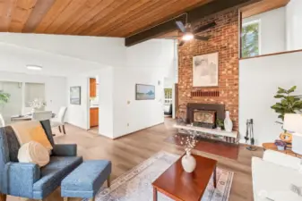 The brick fireplace is the heart of the home.