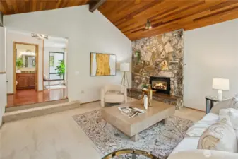 Large rock fireplace with gas fireplace keeps you warm all winter long!