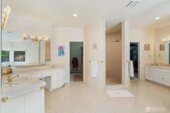 Primary Bathroom with dual vanities and extra large dual access walk-in closet with built-in organizers.