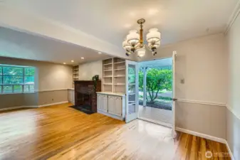 Dining room with French doors leading to the covered patio area.