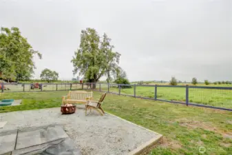 fenced back yard with views of expansive farm land