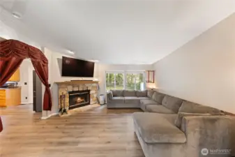 Wood burning fireplace with large view windows