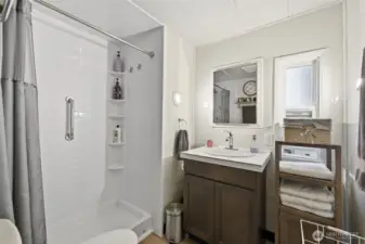 The Bathroom has a spa like feel to it.