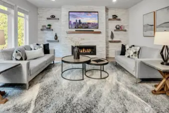 Gathering area with gas fireplace and under-shelf lighting