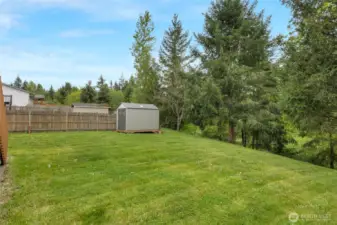 Backyard overlooks greenbelt with trees