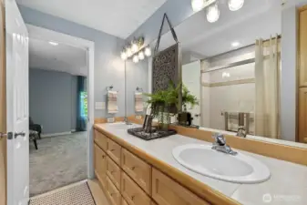 Ensuite bathroom with dual sinks and shower