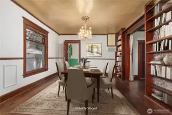Dining Room w Built-in Shelving, Double Hung Windows, Original Millwork