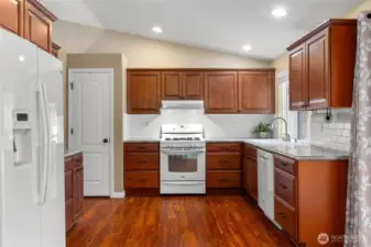 White backsplash tile and pantry.