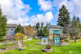 Playarea, playstructure, fire pit, gathering area.