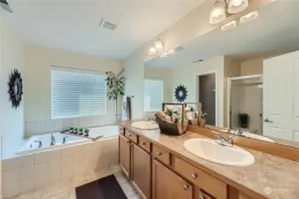 Spa-Like Primary Bath: Features a soaking tub, dual vanities, and a serene atmosphere