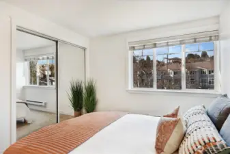 A large closet ensures that everything has its place. By closing, the trees outside will leaf out providing a green view until the gorgeous fall colors come in October.