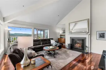 Propane fireplace and acaia wood flooring.