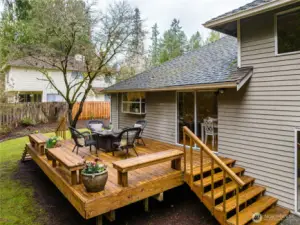 Another great view of the deck. The steps lead down to the family room sliding door.