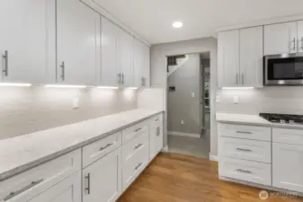 Spacious kitchen prep area with extensive cabinetry, under-cabinet lighting, and sleek stainless steel appliances.