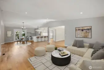 Virtually staged open concept great room designed for entertaining and everyday living in this nearly 3,000 sq ft Puyallup home.