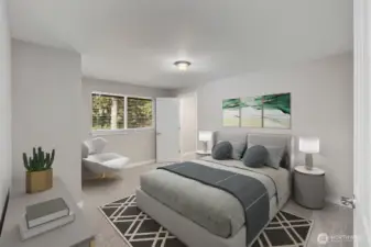 Virtually staged secondary bedroom with carpet flooring and window views in this Heritage Glen neighborhood home.