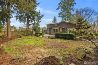 Large backyard framed by mature evergreens, providing shade, privacy, and a natural Pacific Northwest setting.