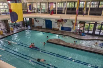 The indoor pool has a walk-in entry making access easier for everyone. Lap swim, water aerobics, water polo - with special hours for under 18 visitors.