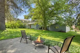Oversized yard with spacious lawn and fruit trees.