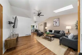 Skylights and ceiling fans create an airy feel.