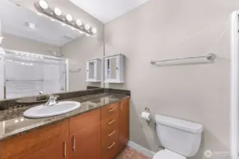 Primary ensuite with extended granite vanity, ample storage, and a full tub and shower.