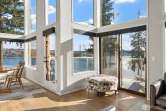 Walls of windows to enjoy Mt. Rainier, Puget Sound and Narrows Bridge.