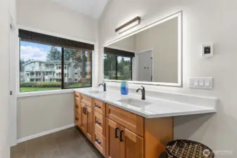 Vanity and tinted window in the fully updated primary bath.