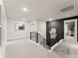 2nd floor landing area, check out the open railing and wide hallway. Photo is representational. Actual home is under construction and finishes and colors will vary. See site agent for details.