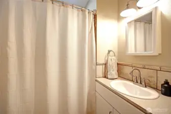 Hall bath, tub shower combo.