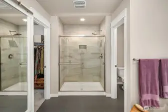Low curb shower and walk-in closet.