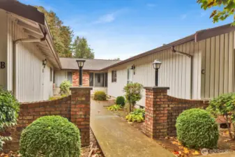The lighted courtyard for the 3 units.