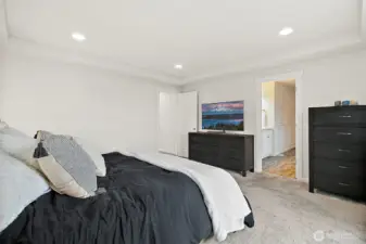 Primary bedroom with elegant tray ceiling detail.