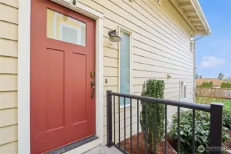 The front door is located on the north side of the house.