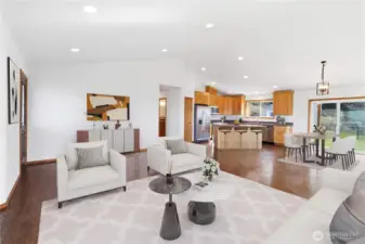 Virtually Staged Living room, dining area & kitchen