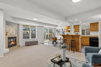 Downstairs Family room area with a Full Kitchen and gas fireplace.