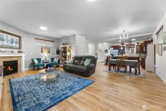 Dining and living room with fireplace