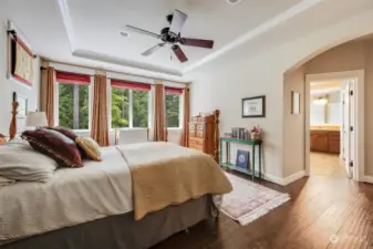 Retreat to the spacious Primary bedroom, featuring hardwood floors, custom Roman shades/curtains, coffered ceilings and arched details.